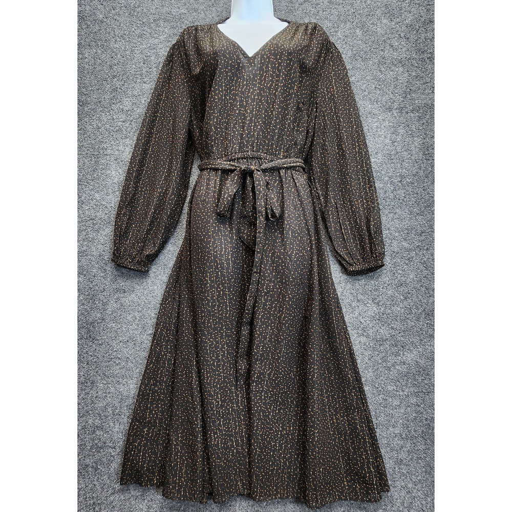 Lands' End‎ Women V-Neck Metallic Stripe Confetti Midi Dress Belted Size L 14-16
